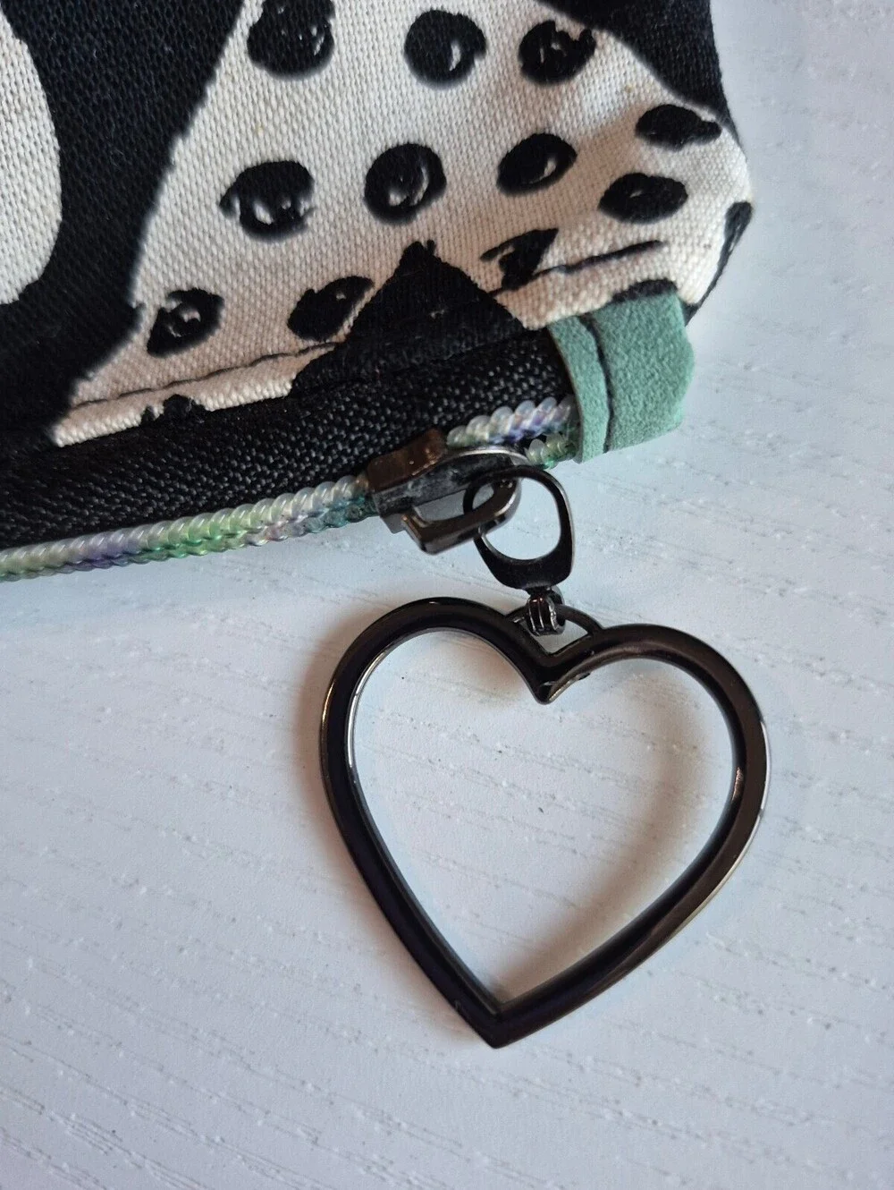 Black & teal heart Canvas Cosmetic Bag w/ black nickel Heart-Shaped Zipper Pull